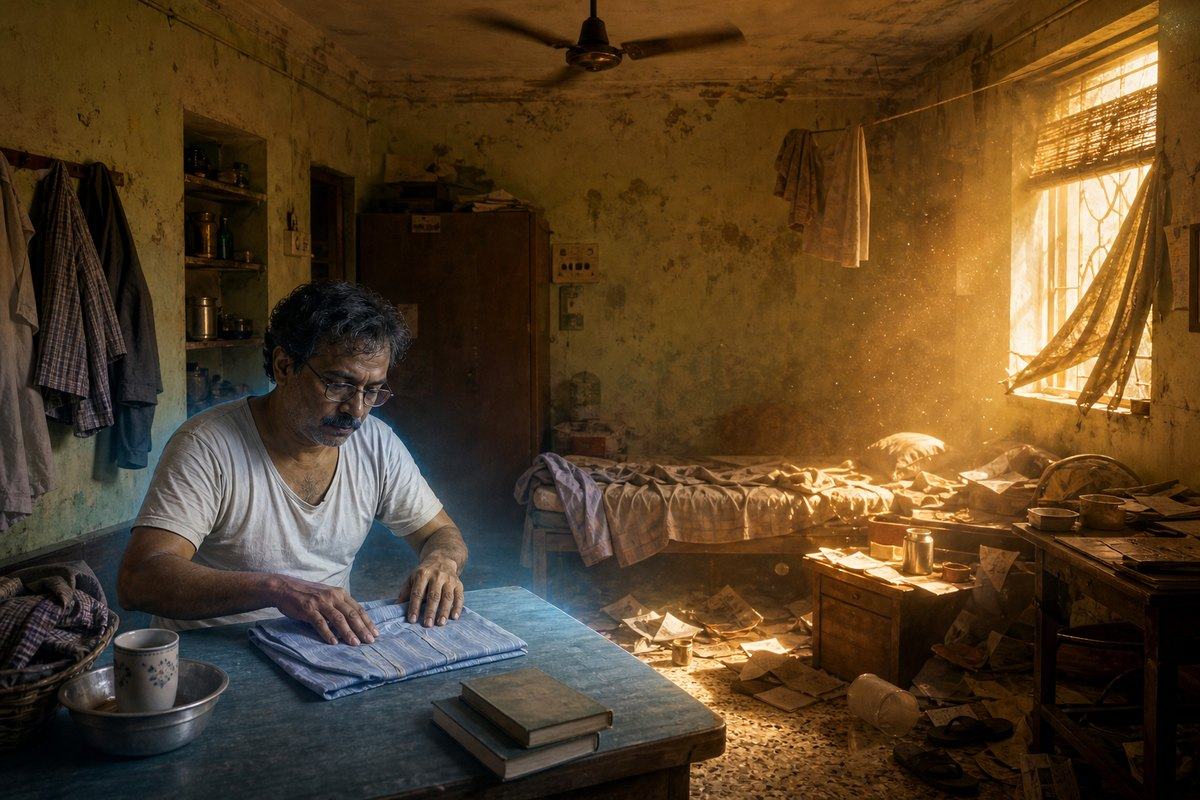 A man folds clothes at a table in a cluttered, sunlit bedroom with peeling walls.