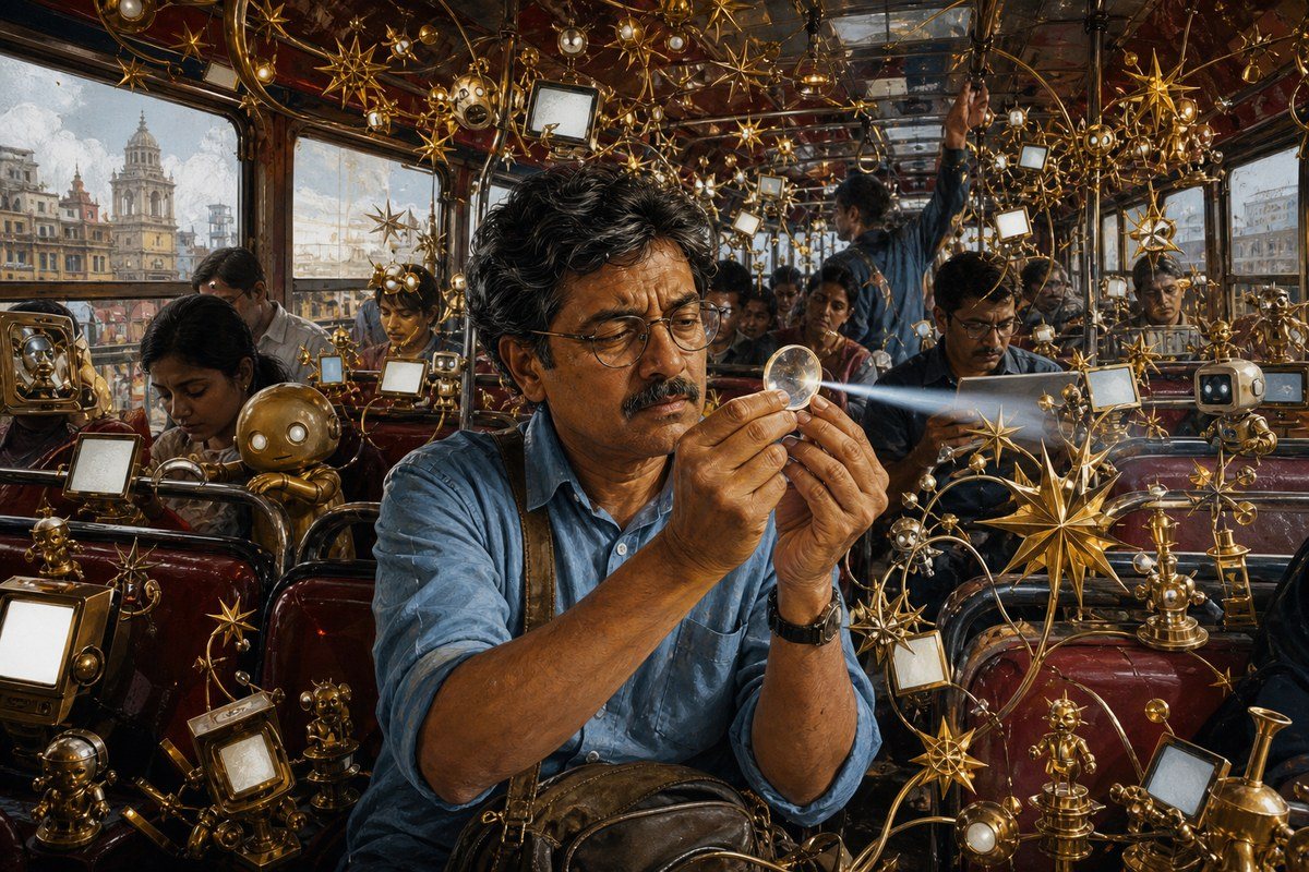 Bengali bus passenger focusing a lens amid multiplying ornaments and blank screens