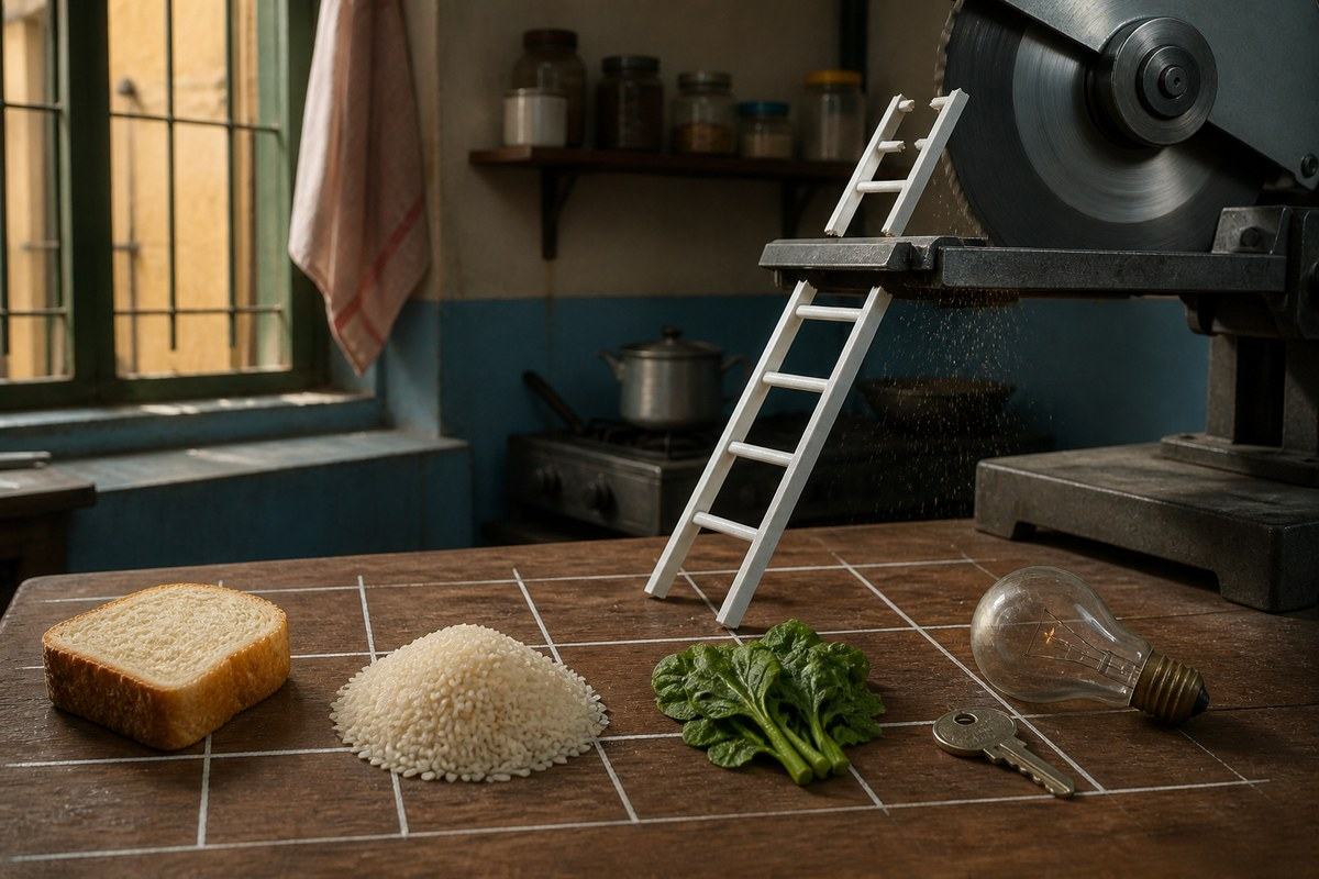 Bread, rice, greens, a key and bulb sit below a ladder cut by a saw