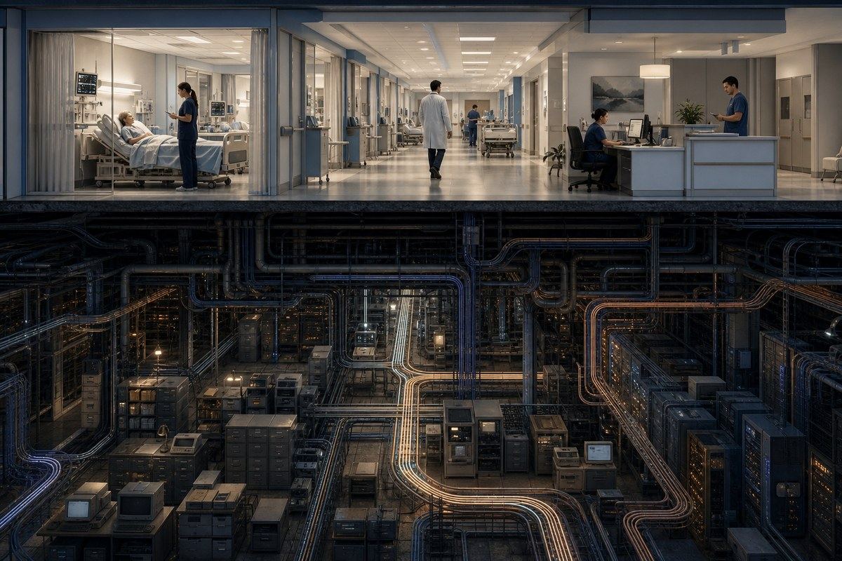 Hospital cutaway revealing an intricate hidden data infrastructure beneath a calm clinical corridor