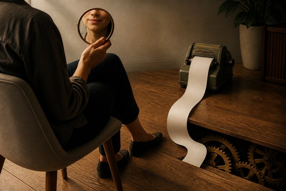 Seated person holds a smiling mirror beside a blank receipt and hidden gears