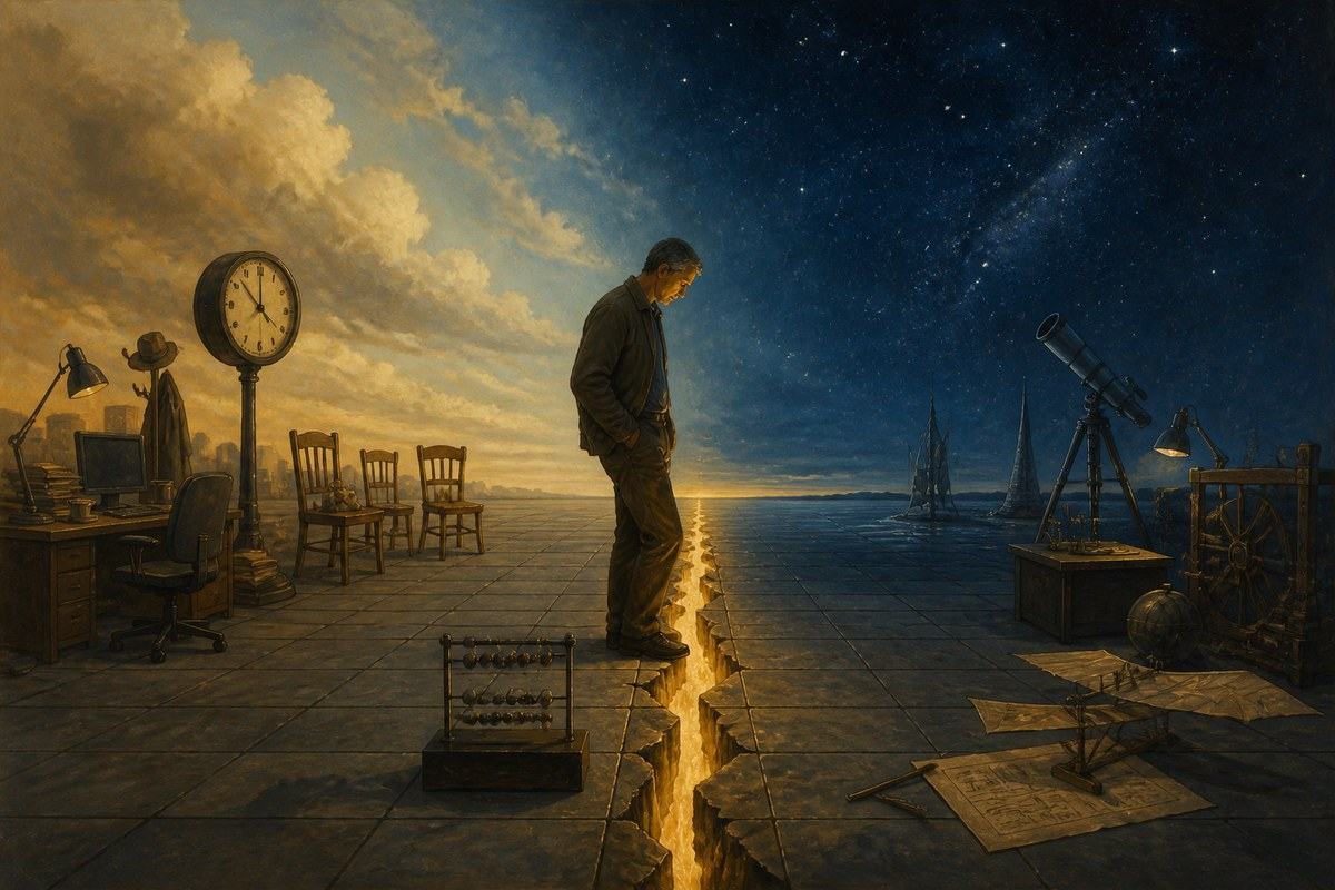 Solitary figure balancing beside a glowing fissure between work tools and a starry unknown