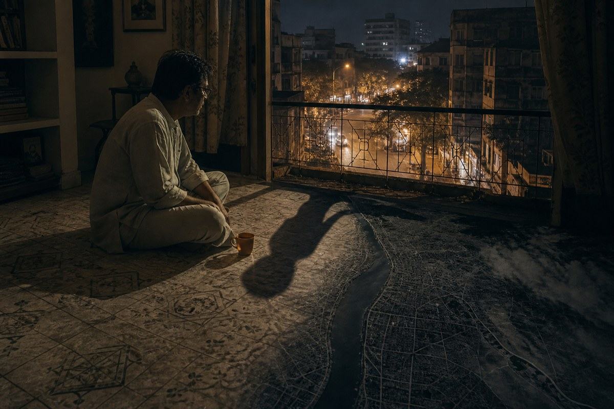 Sleepless Bengali man in a dark apartment beside a floor that folds toward the city