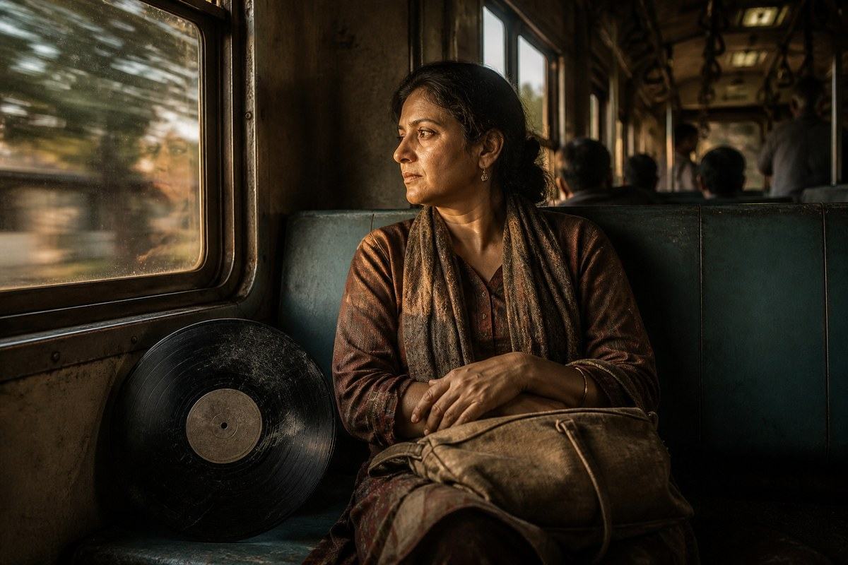 A woman sits beside a scratched vinyl record in a worn Indian train carriage as other passengers blur into the distance