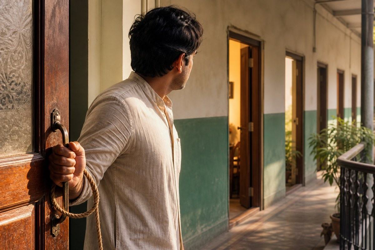 Indian man grips the first open door while looking toward other sunlit doorways