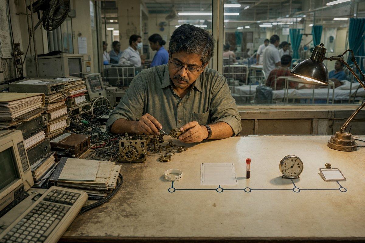 A man repairs a mechanical device at a hospital workbench while a ward operates behind a glass partition.