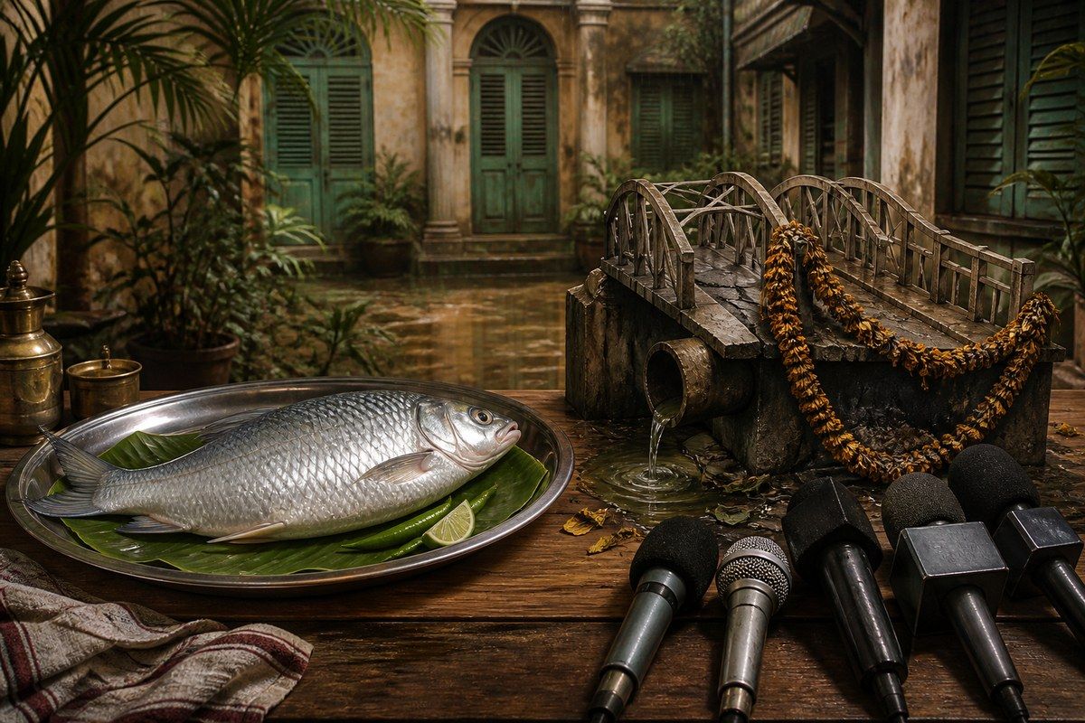 Fresh fish beside microphones aimed at a garlanded cracked bridge and leaking pipe