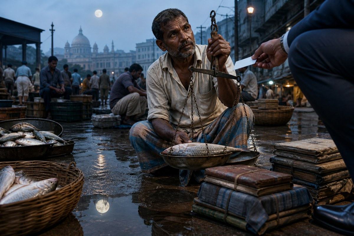 Calcutta fish seller weighing a fish honestly at a wet dawn market
