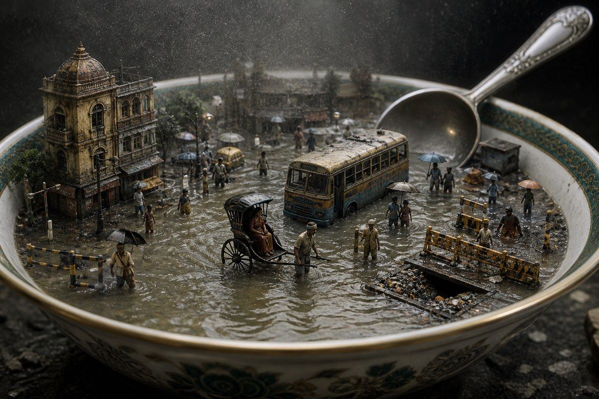 Flooded Calcutta intersection rendered as a miniature inside a porcelain soup bowl