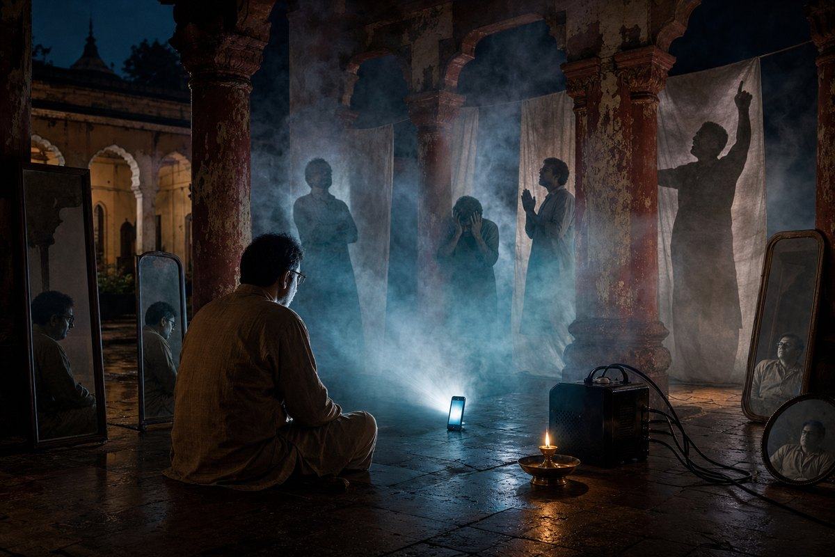 A seated man faces smoke, mirrors, and cloth screens bearing human silhouettes inside a dark temple hall.