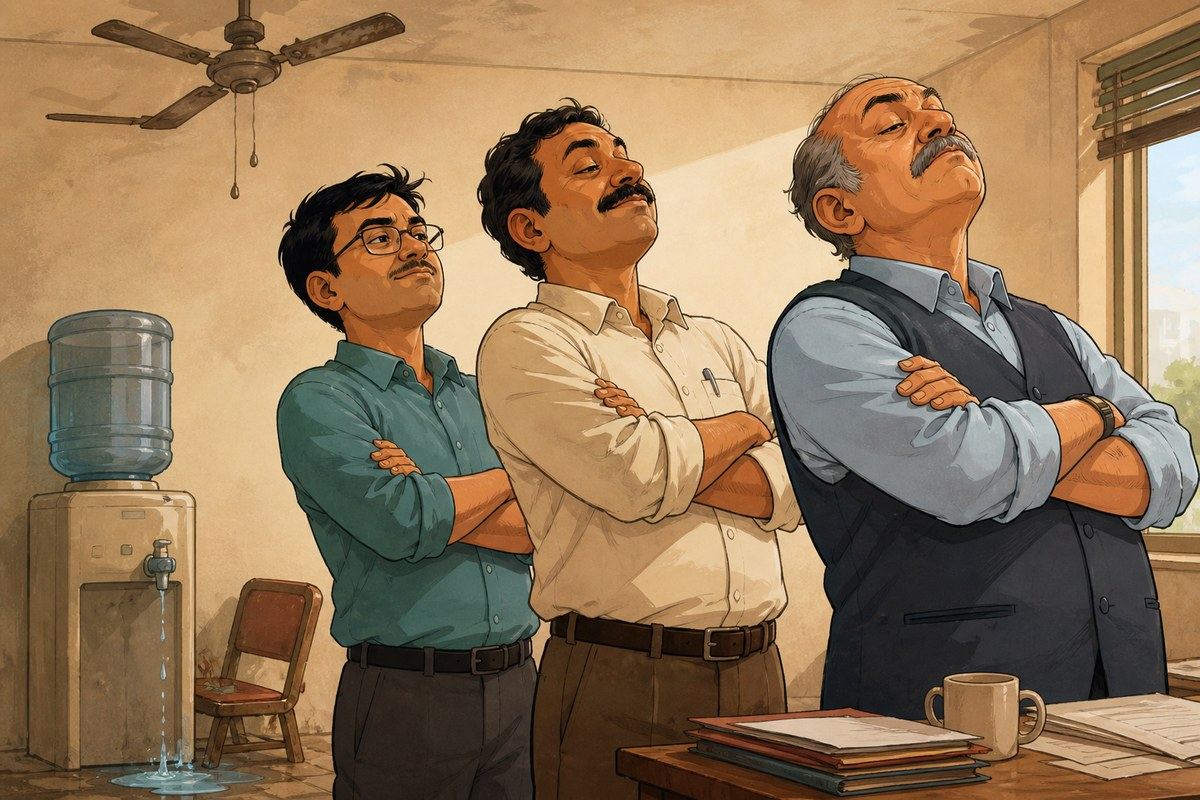 Three Indian men standing with folded arms while a water dispenser leaks