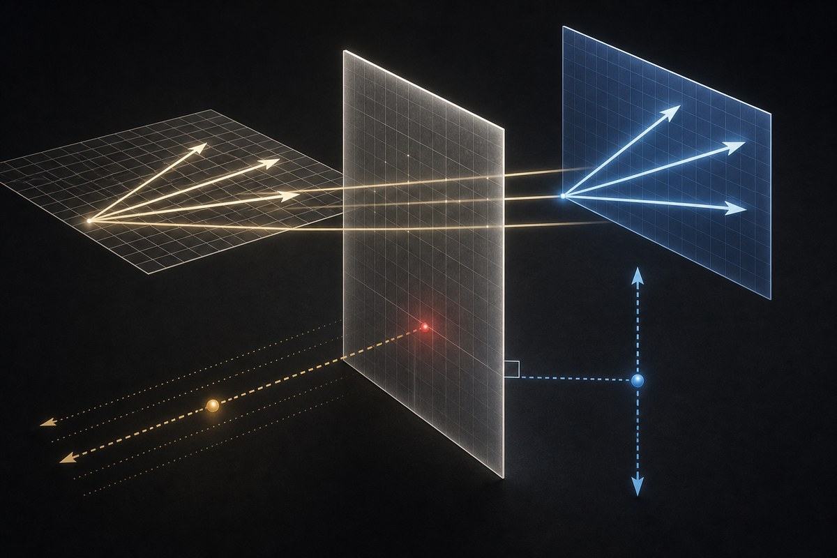 Four illuminated geometric planes and vectors show a matrix moving, preserving, and collapsing different directions