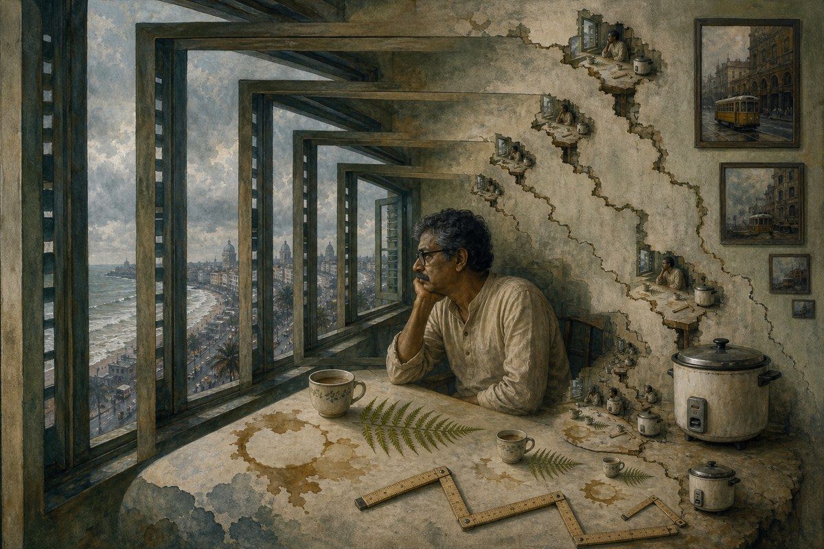 Bengali man in a room recursively patterned with tea stains, ferns, rulers, and windows