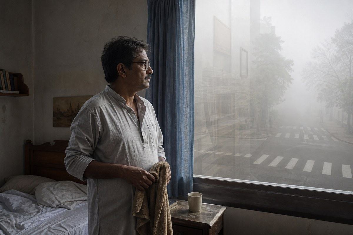 Middle-aged Bengali man watching a city road disappear into morning fog