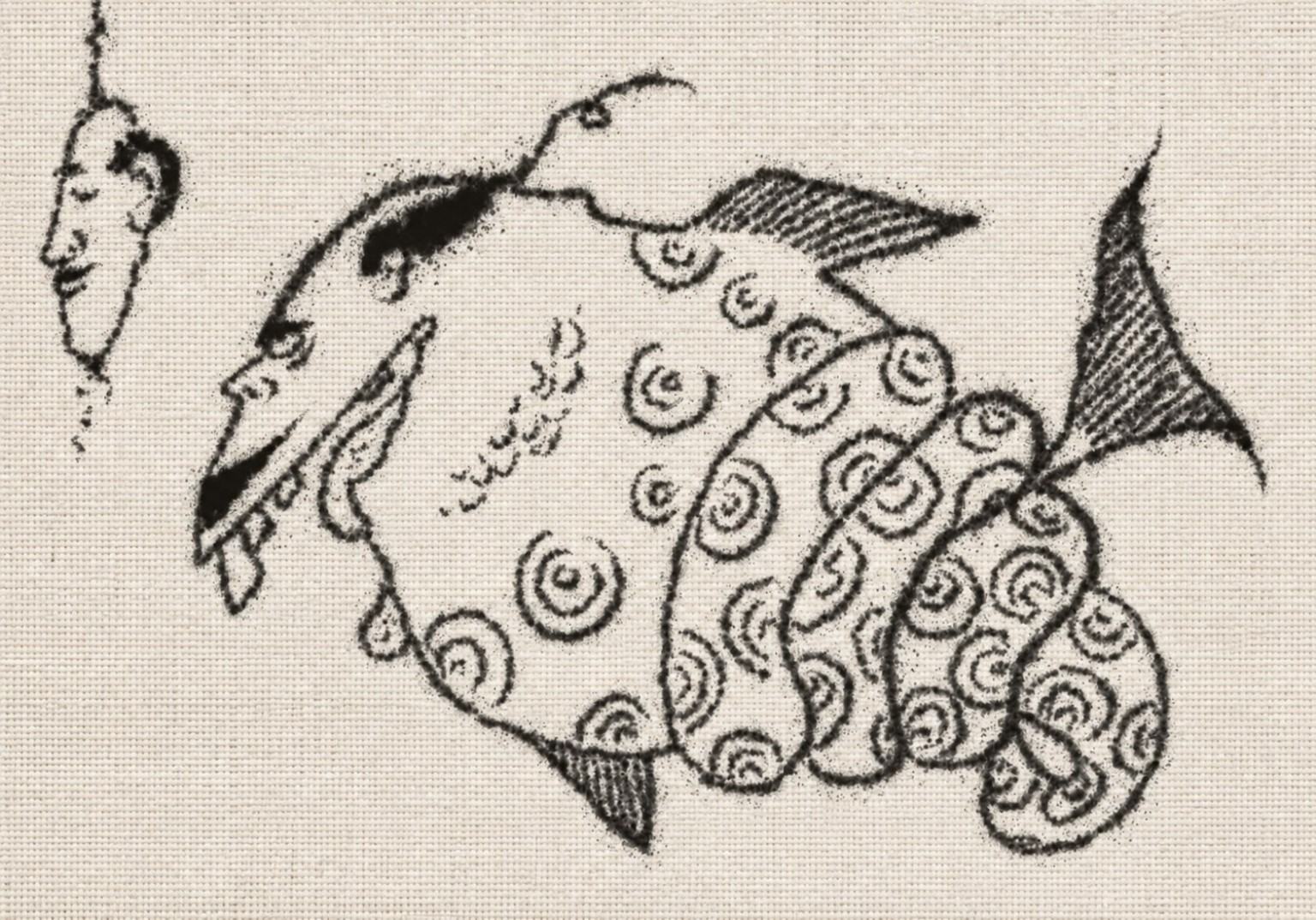 A grinning, human-faced fish in a tie swims beneath two dangling human masks, drawn in black on woven cloth.