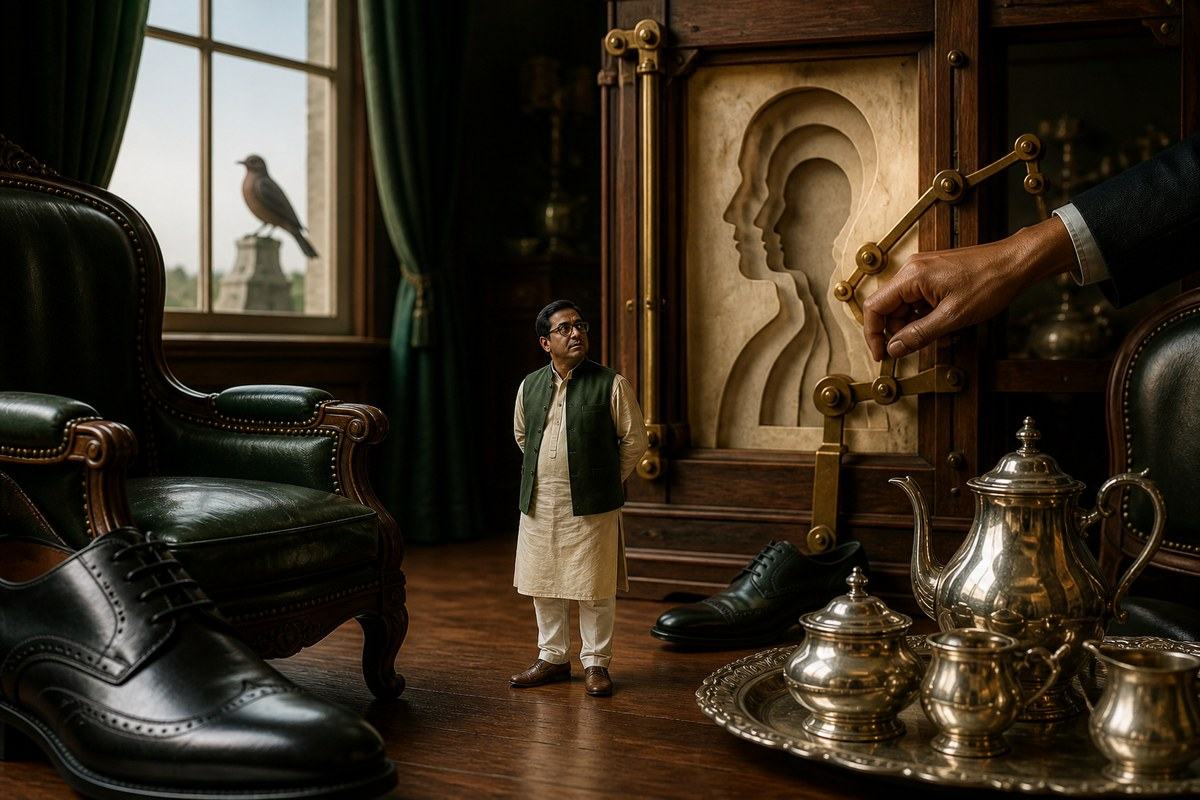 Small Bengali figure among oversized polished furniture and brass levers