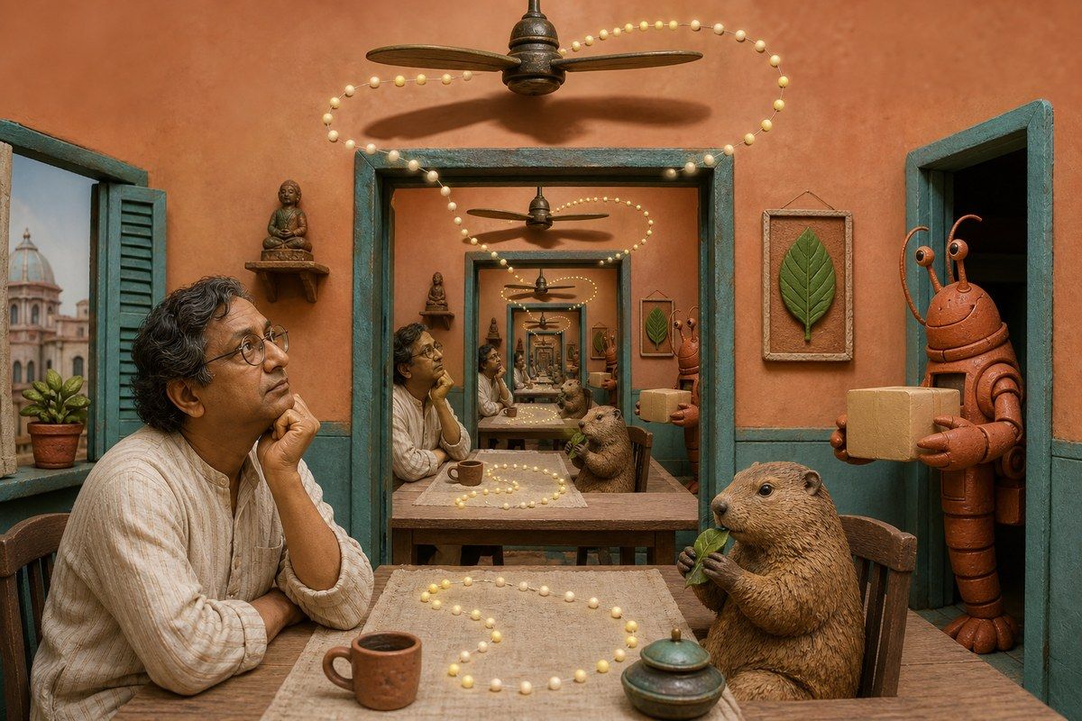 Bengali man, groundhog, and friendly lobster robot inside a repeating Calcutta room