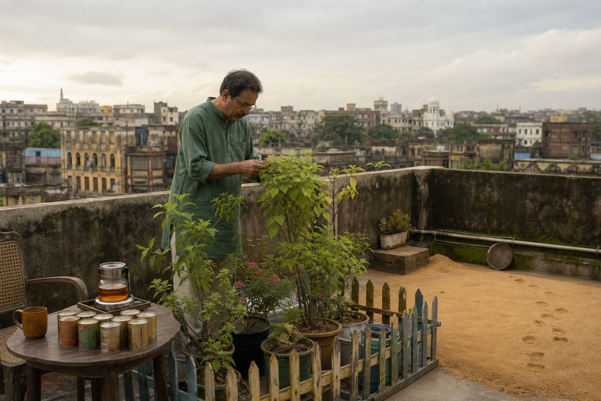 Bengali man tending rooftop plants beside a settled patch of golden sand