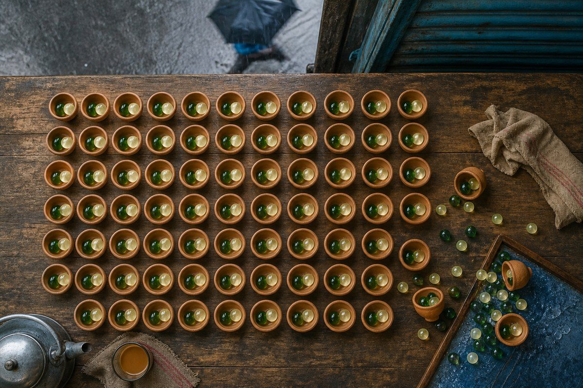 Green and cream allele beads remain paired in cups until one corner is disturbed