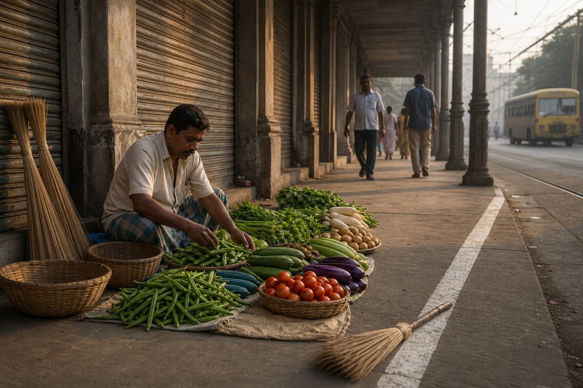 Kolkata vegetable hawker beside a pavement boundary line and broom