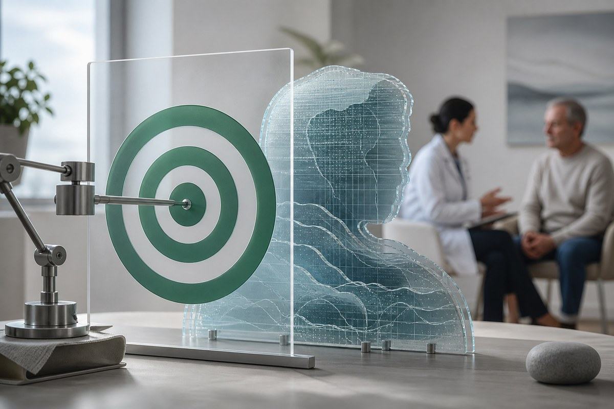 A mechanical arm hits a green target that is visibly misaligned with a layered glass patient silhouette