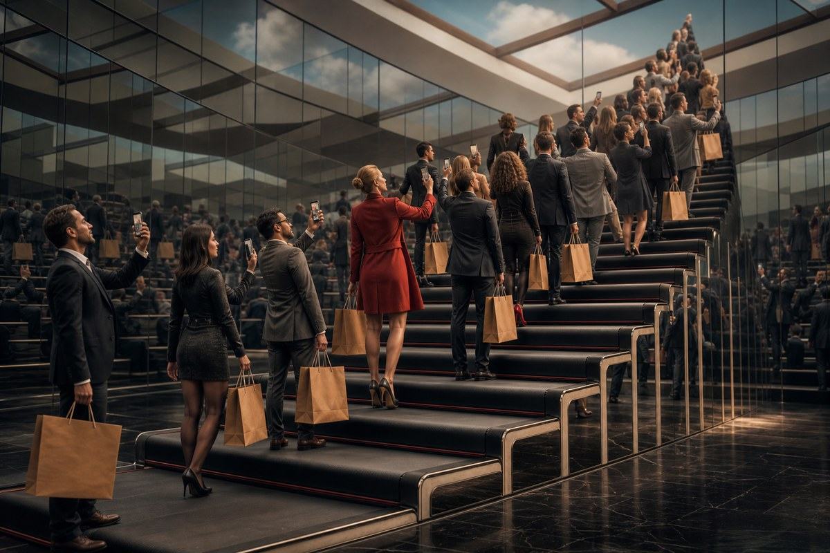 Shoppers take selfies while climbing a treadmill that narrows into a status pyramid