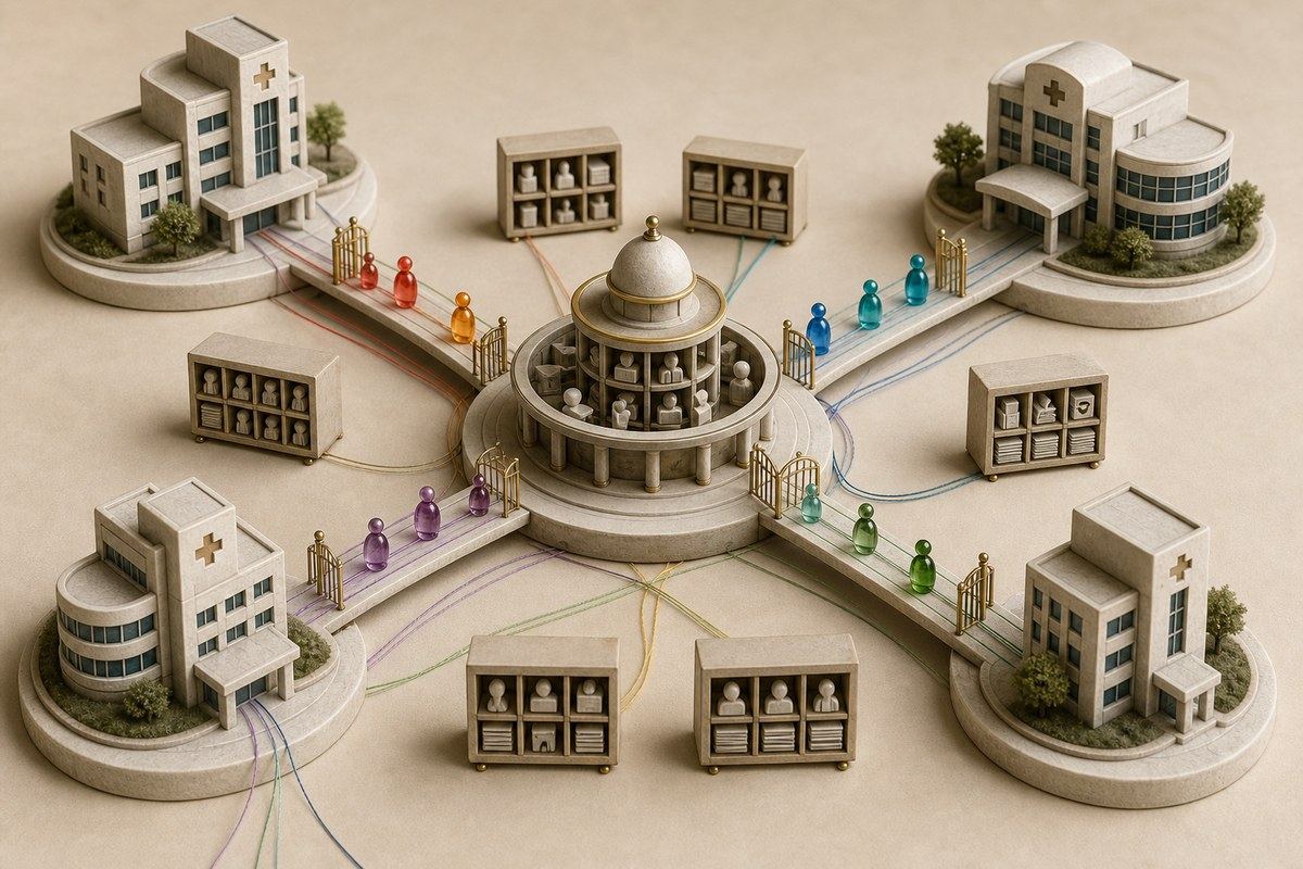 Ceramic healthcare institutions linked through a central exchange hub by coloured patient tokens