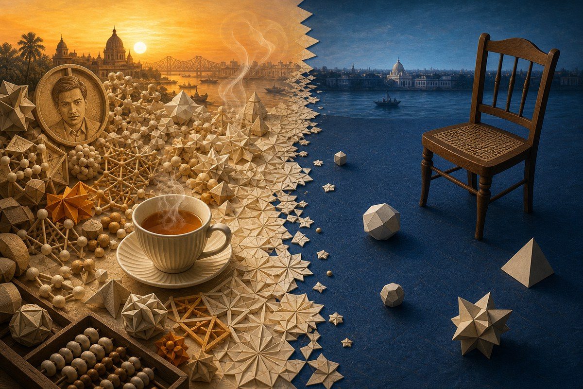Paper landscape split between crowded composite forms and solitary prime shapes