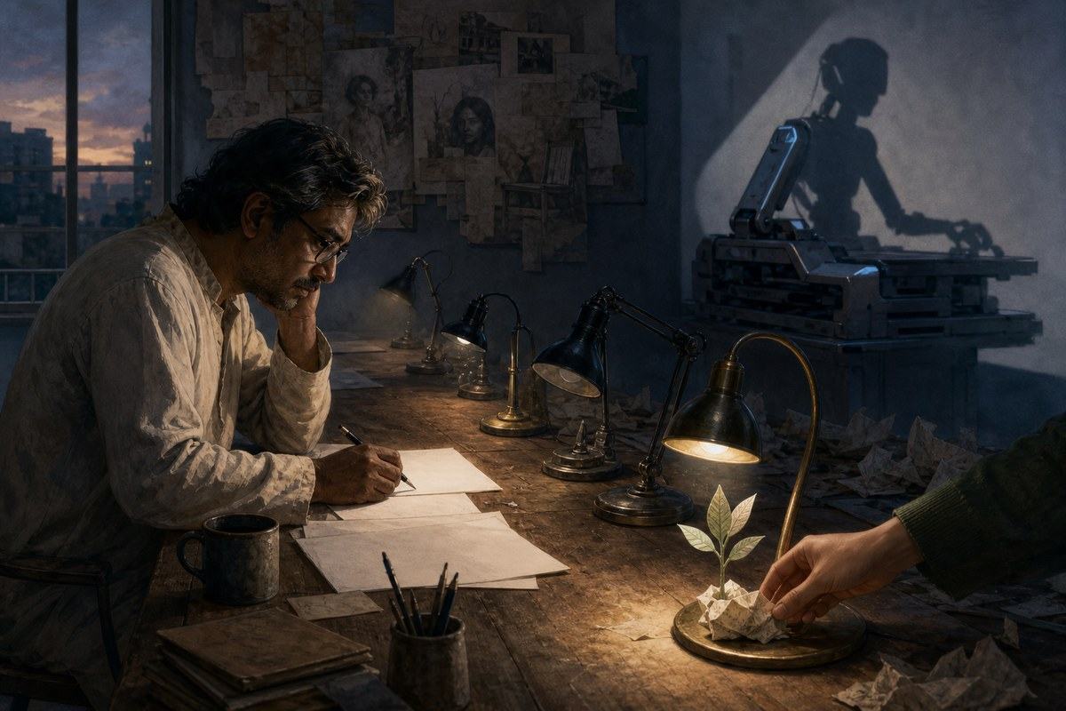 Bengali writer at a desk where lamps fade at different rates beside an automated machine