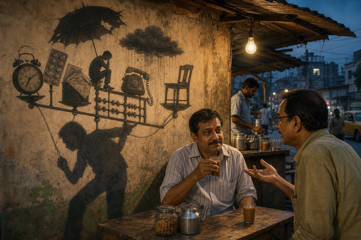 Two men talk over tea at a street stall beside a wall mural balancing a clock, pills, letters, a telephone, and an empty chair.