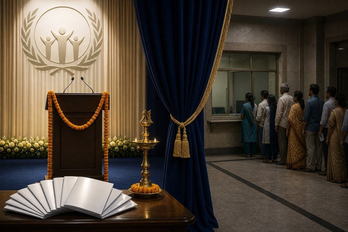 Ceremonial podium and blank brochures hide citizens waiting at a closed service window