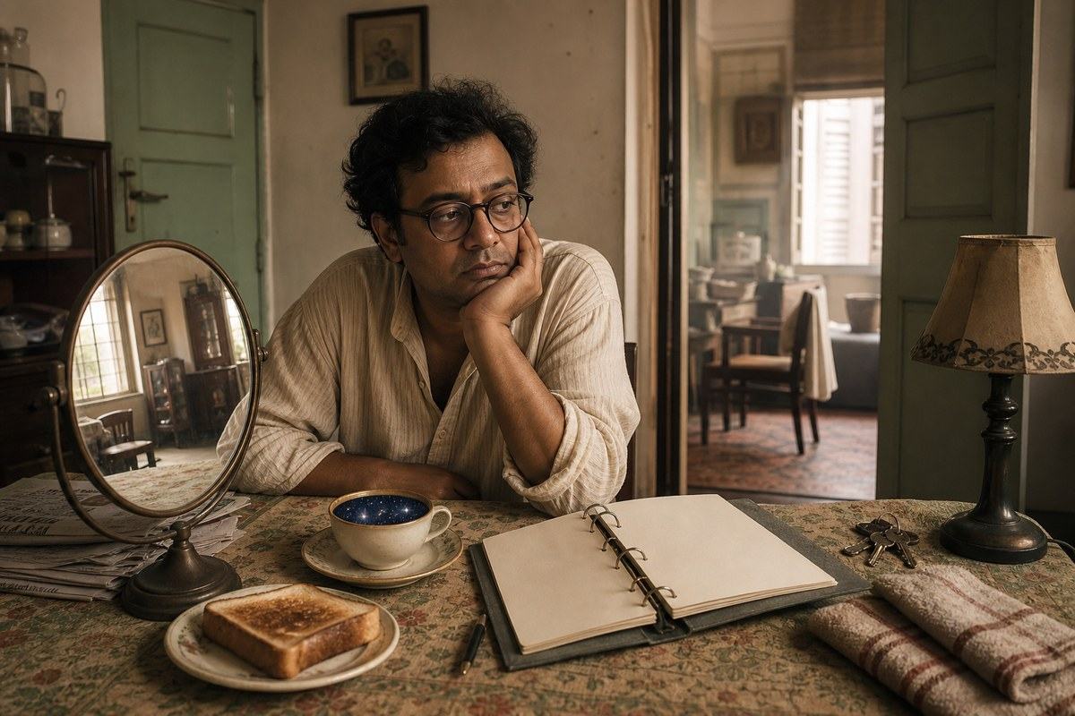 Bengali man at breakfast with a blank binder, mirror, tea, and cosmic doubt