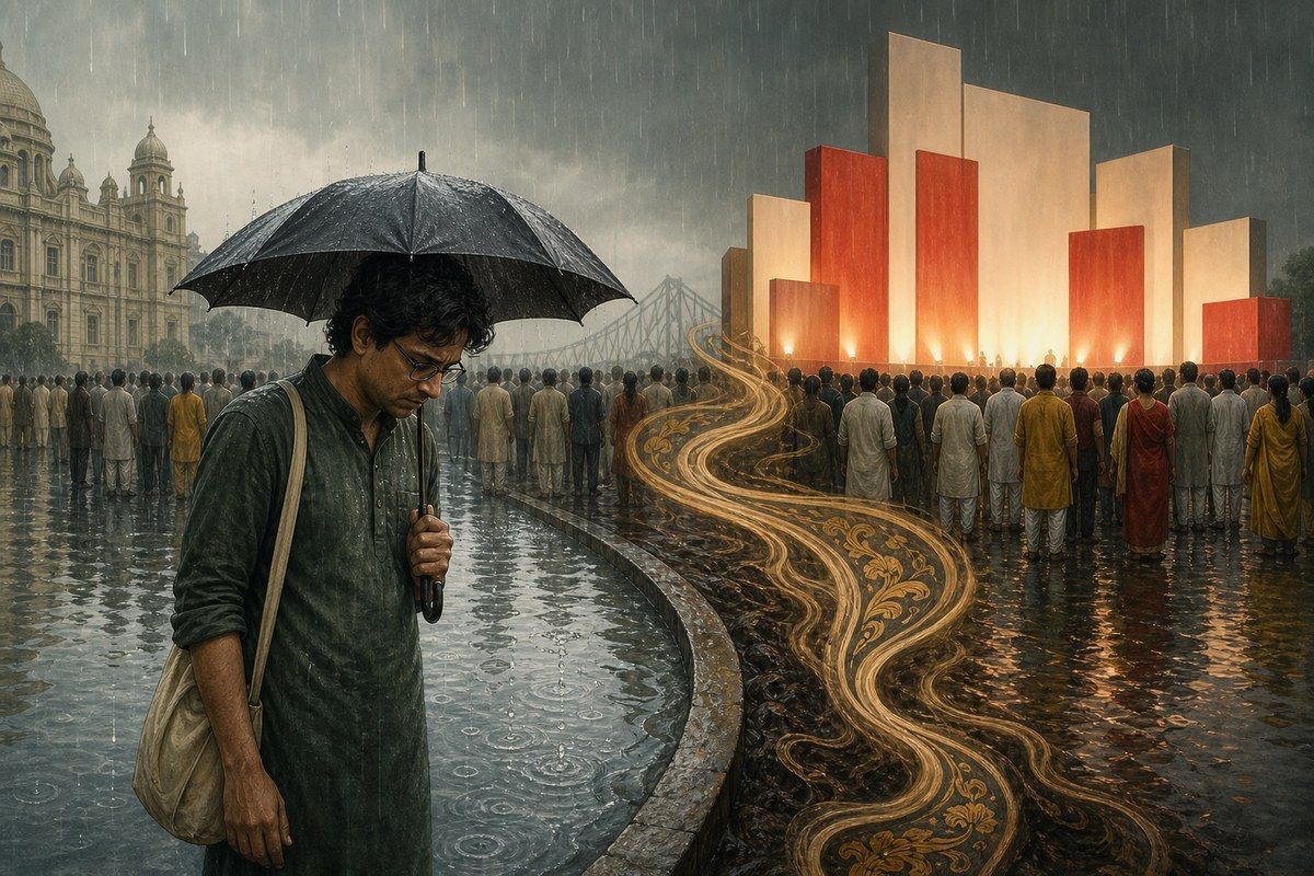 Doubtful Bengali man under an umbrella beside polluted runoff and a glowing political stage