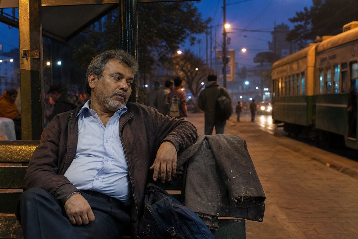Tired Bengali man resting beside a worn coat at a Calcutta tram stop after dusk