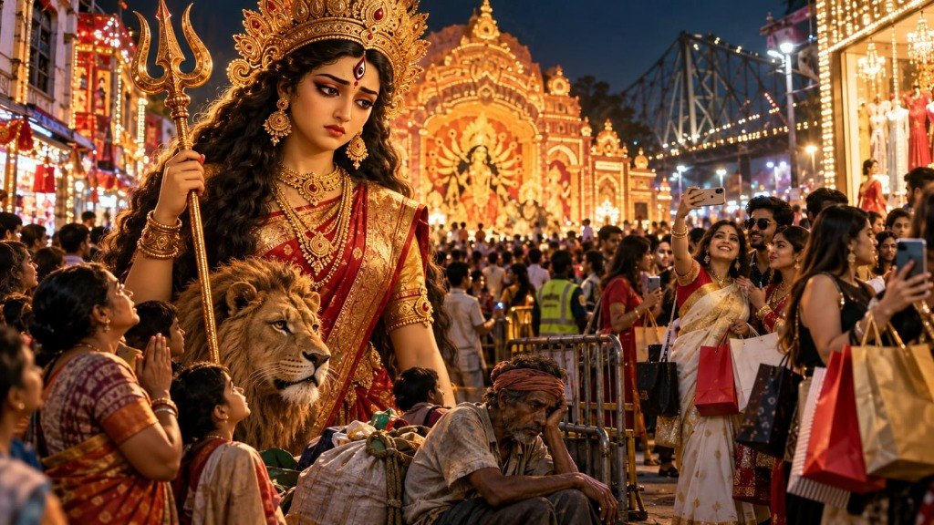 The living goddess Durga with her lion stands sorrowful on a crowded Calcutta festival street amidst shoppers and a weary laborer