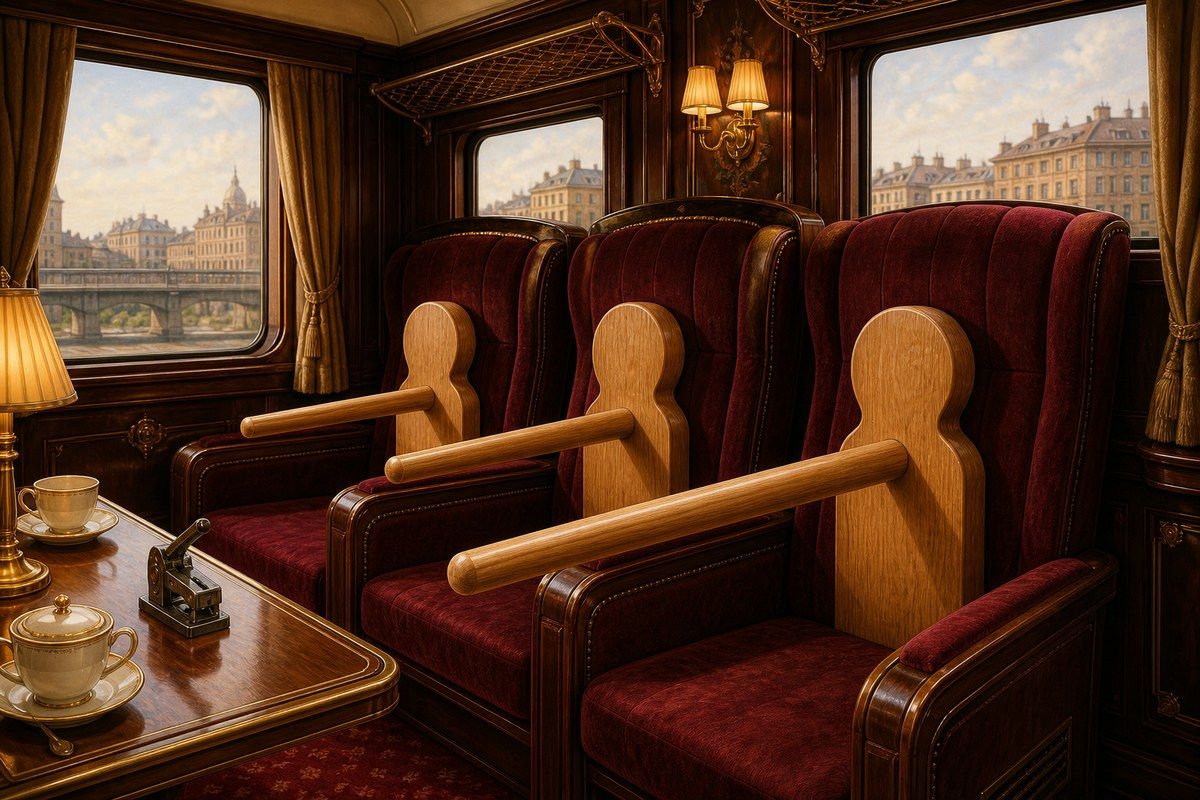 Three wooden profile tokens with lengthening pegs in a first-class railway carriage