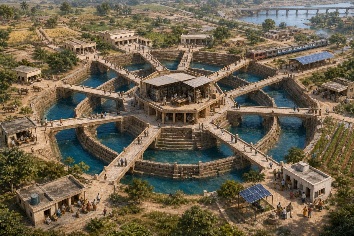 Indian stepwell network links clinics, farms, transit and public services across a broad moat