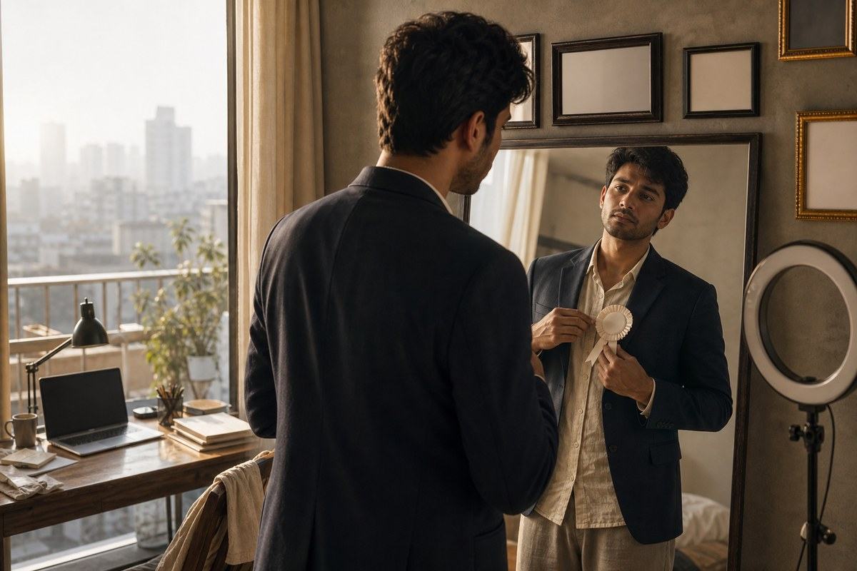 Young Indian professional pins a blank rosette to his blazer before a mirror