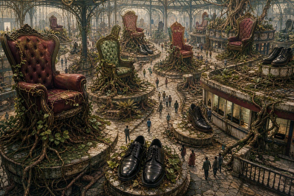 Oversized chairs and polished boots grow from tangled roots across a broken civic landscape