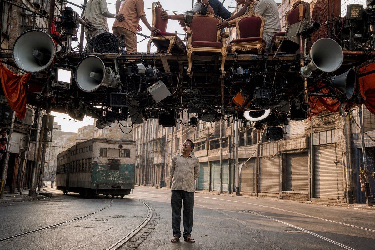 Ordinary Calcutta citizen stands beneath a huge rig of cameras, speakers and gilded chairs