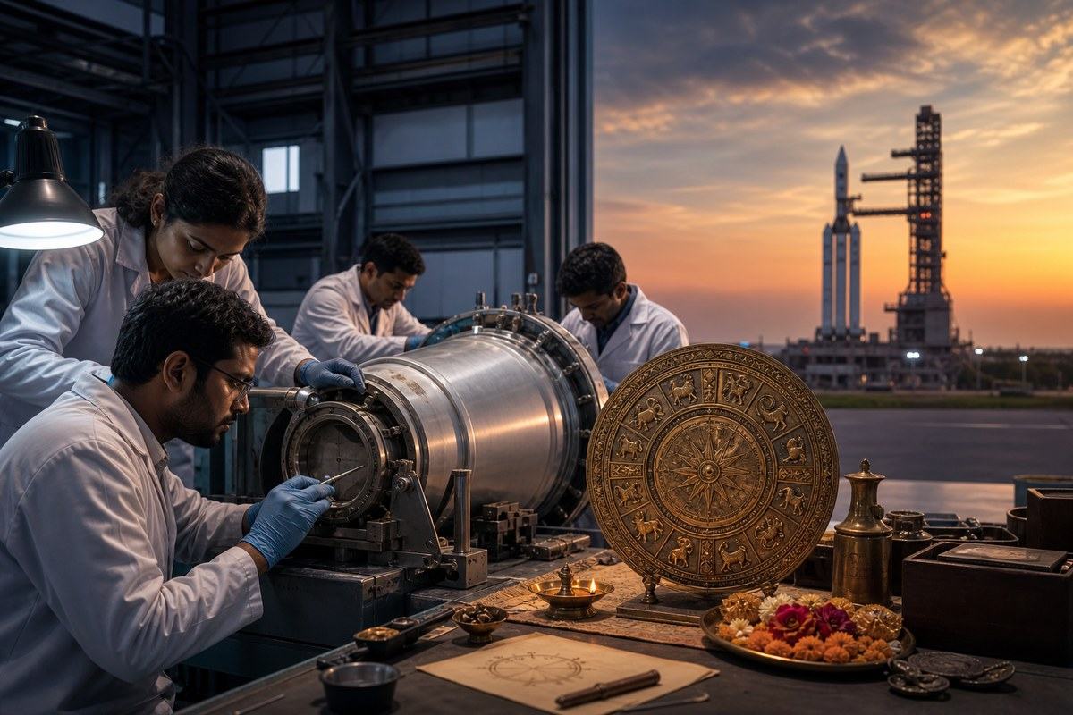 Indian engineers assemble rocket hardware beside an ornate astrological wheel