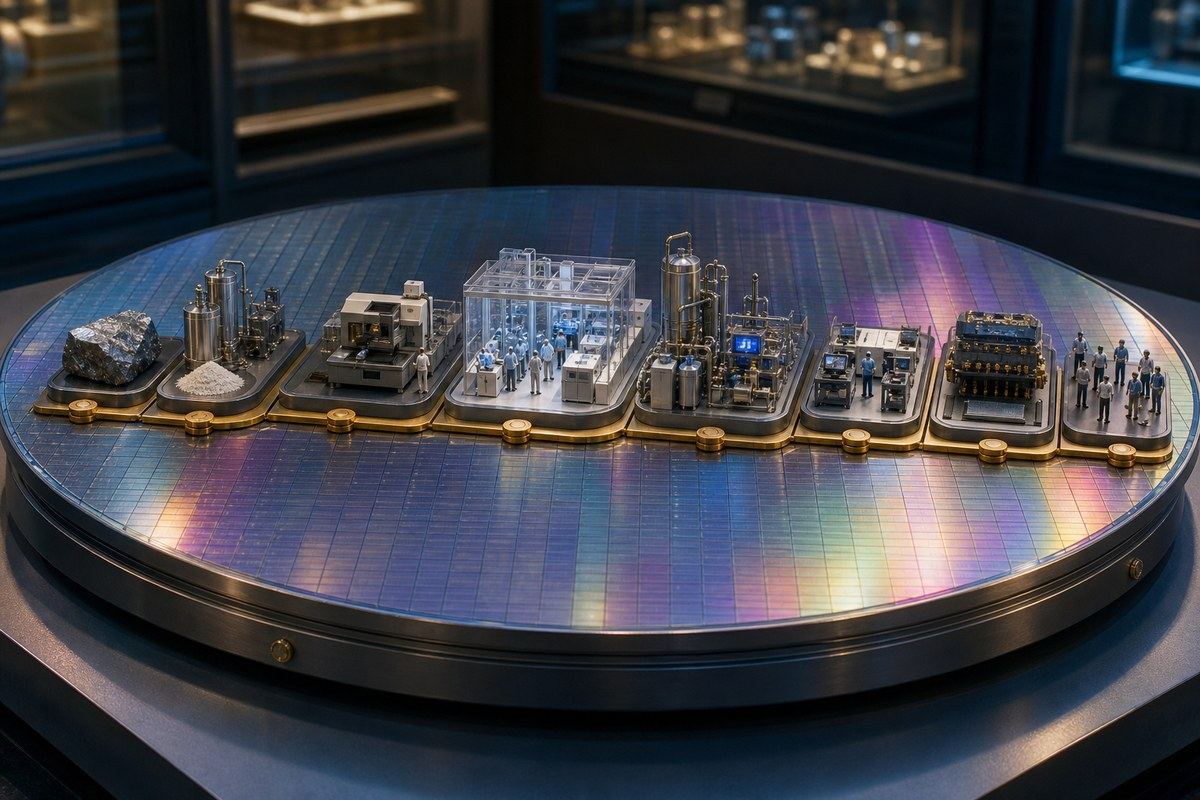 Semiconductor supply-chain stages arranged across a large silicon wafer