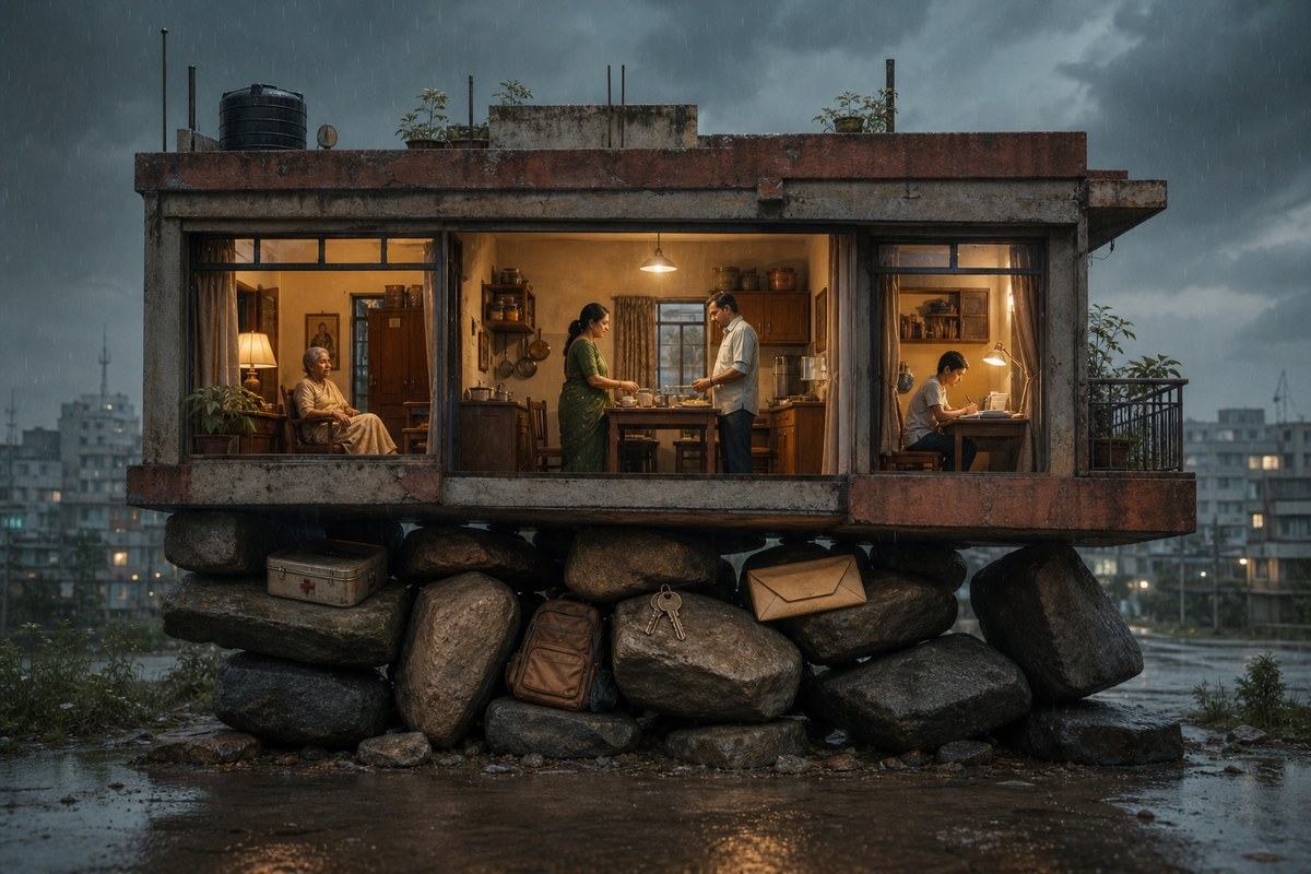 Warm Indian family home balanced across uneven rain-dark stones