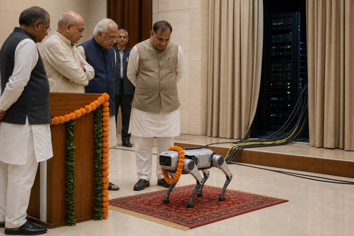 Indian officials inspecting a garlanded robot dog wired to a hidden server rack