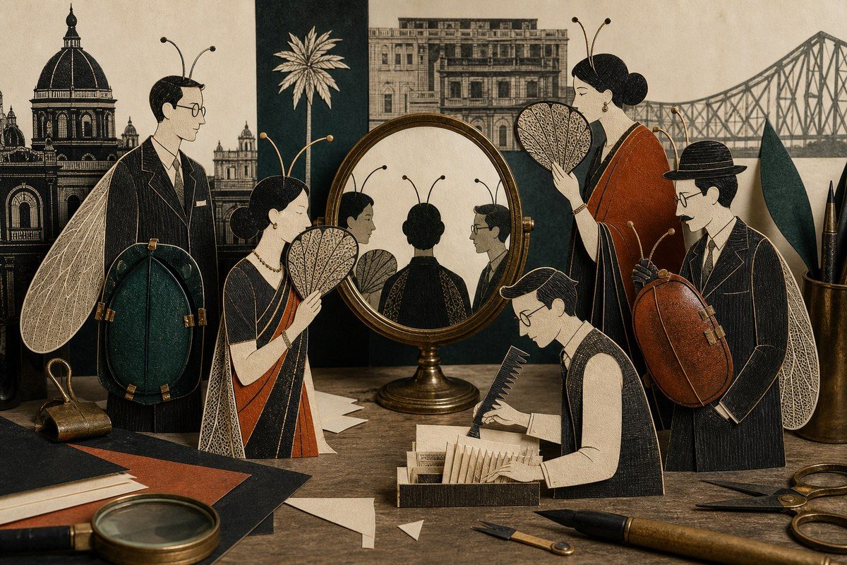 Paper-cut Calcutta figures with symbolic insect traits arranged around an illustrator's mirror