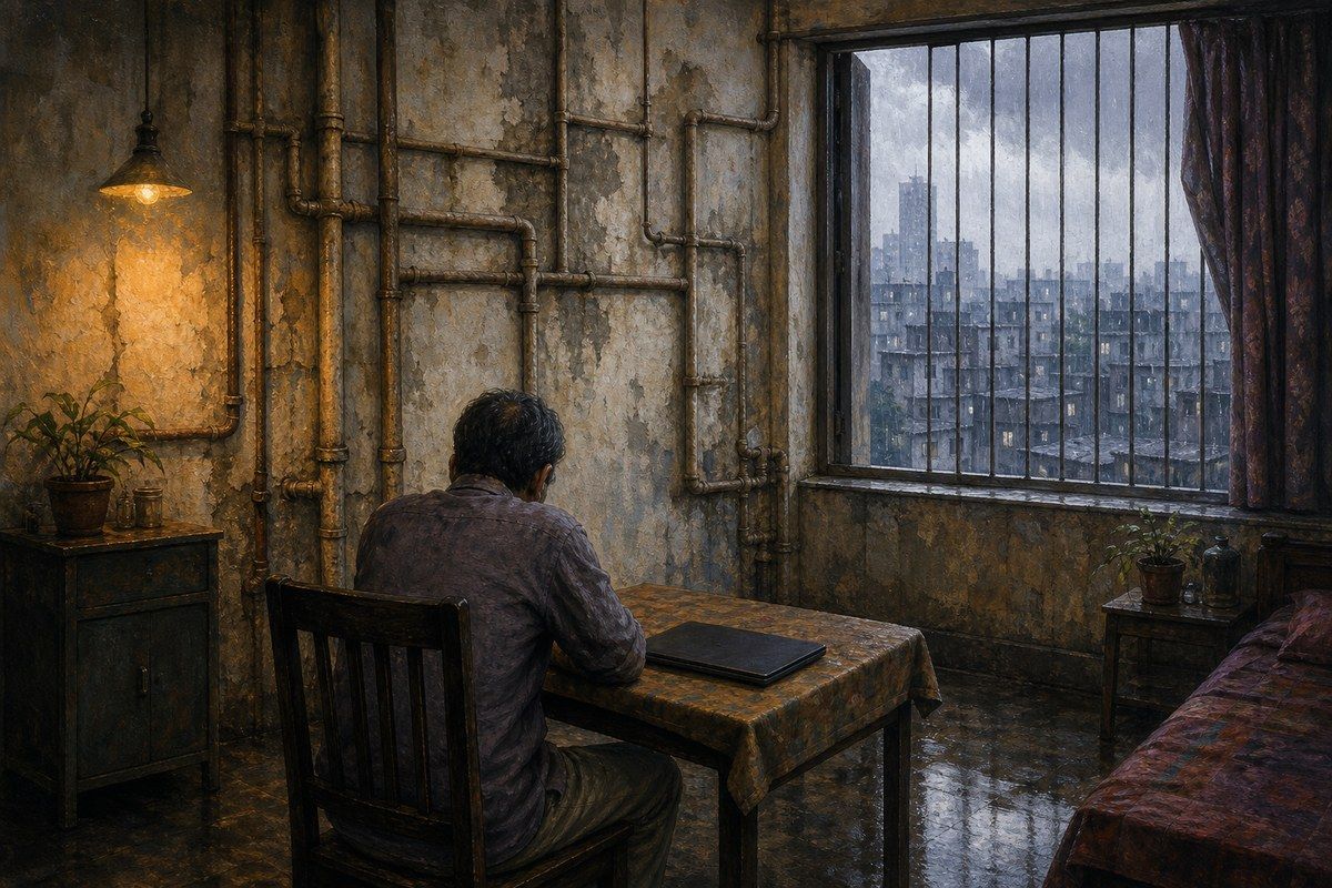 Man in a rain-dark Calcutta flat beneath an oppressive network of pipes