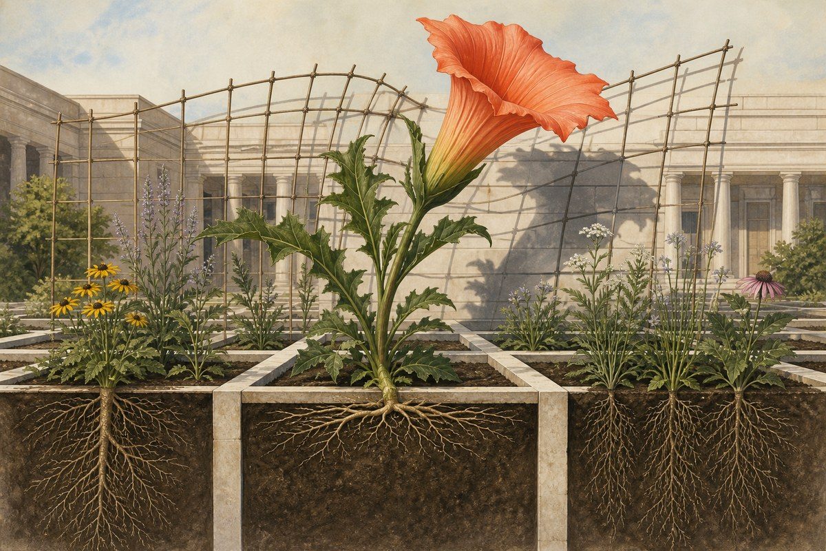 Giant trumpet-flowered weed towers above deep-rooted garden plants