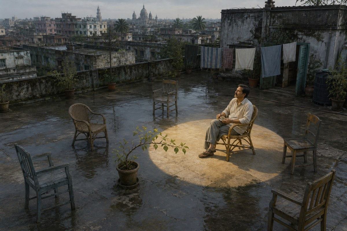 Middle-aged man sits within a circle of sunlight on a rain-darkened Calcutta rooftop
