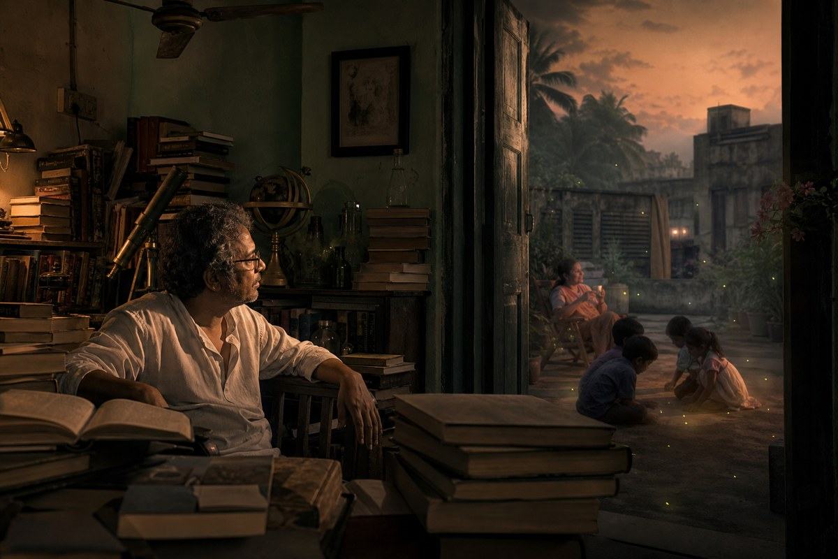 Middle-aged Bengali reader watching children find wonder beyond his book-filled room