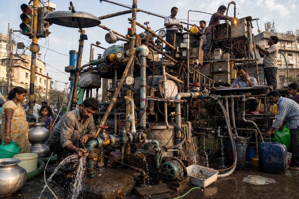 Workers climb over a sprawling improvised machine of pipes, wires, tanks, and leaking pumps on a Calcutta street.